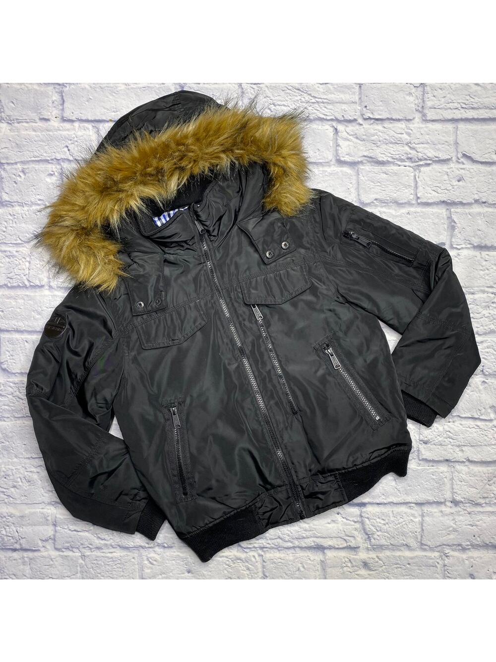 Ben Sherman Hooded Fur Trim Bomber in Black